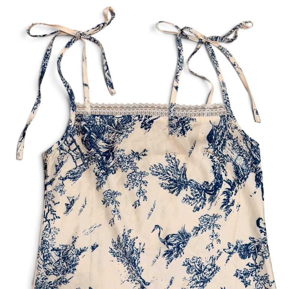 Cider Toile De Jouy Mini Dress Blue Cream Tie Strap Lace Trim Satin Womens Small - Picture 2 of 7